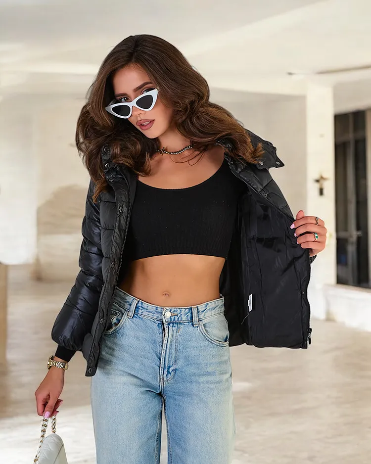 Royalfashion Черно дамско ватирано яке с качулка