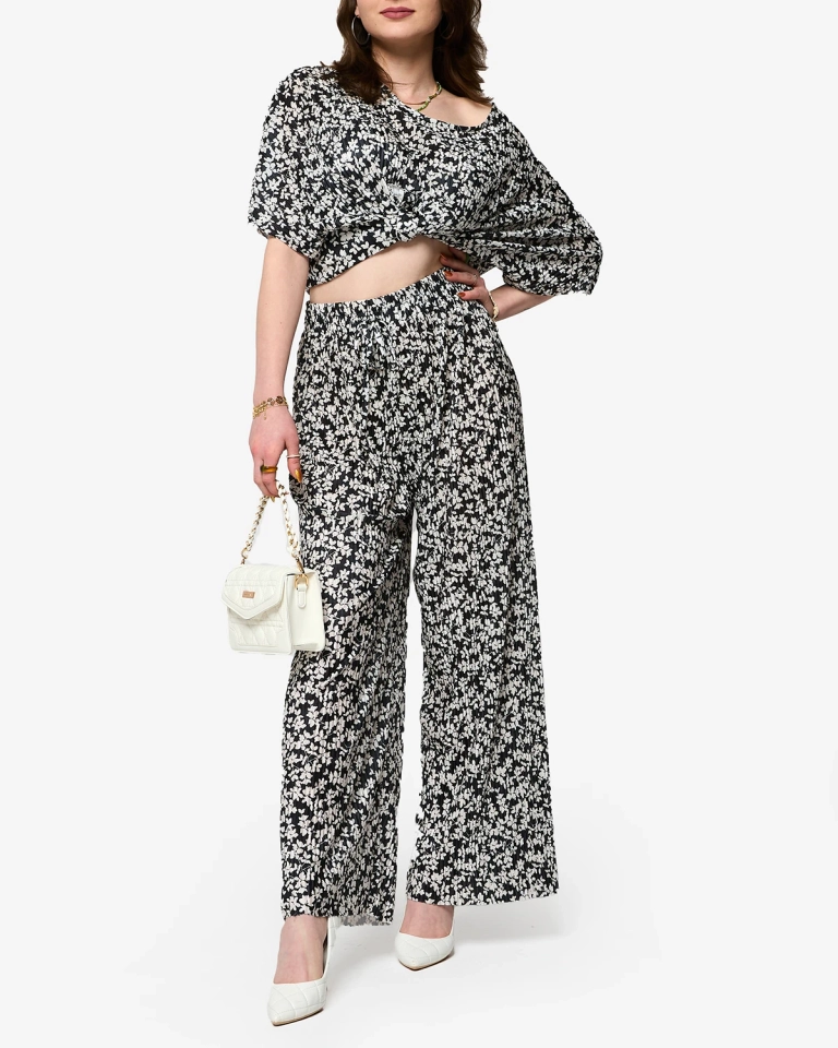 Дамски черен флорален плисиран комплект - Облекло