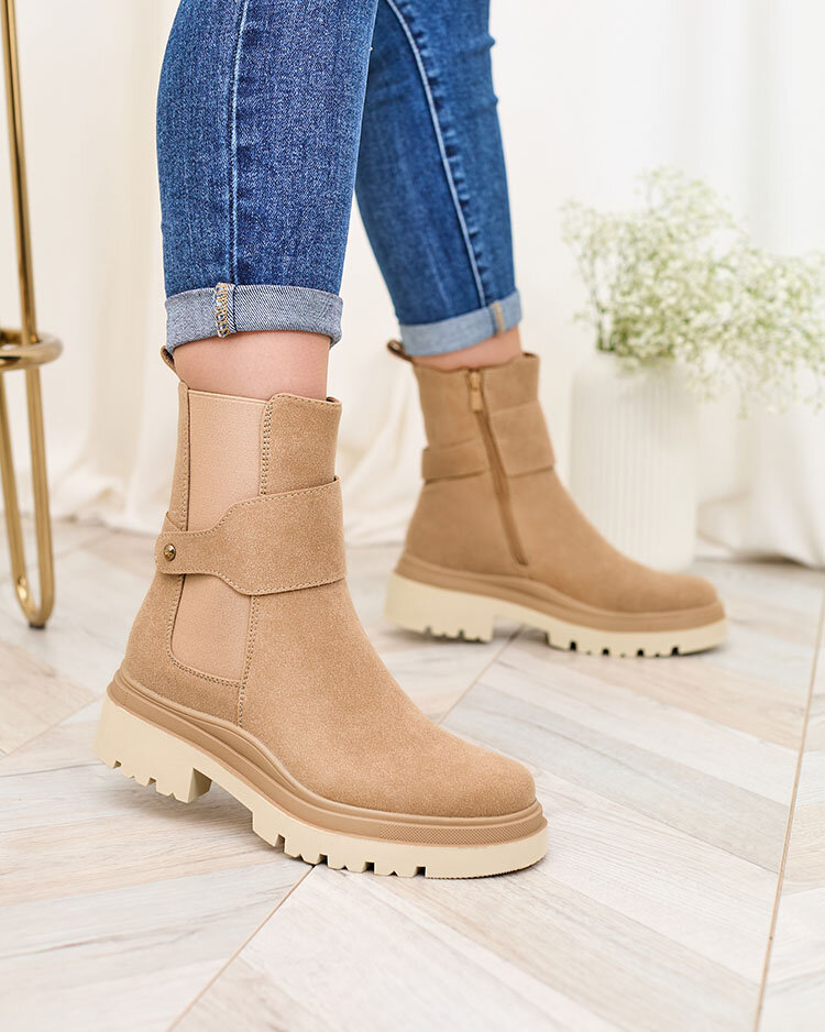 Royalfashion Бежови дамски ботуши с декоративна каишка Doasa