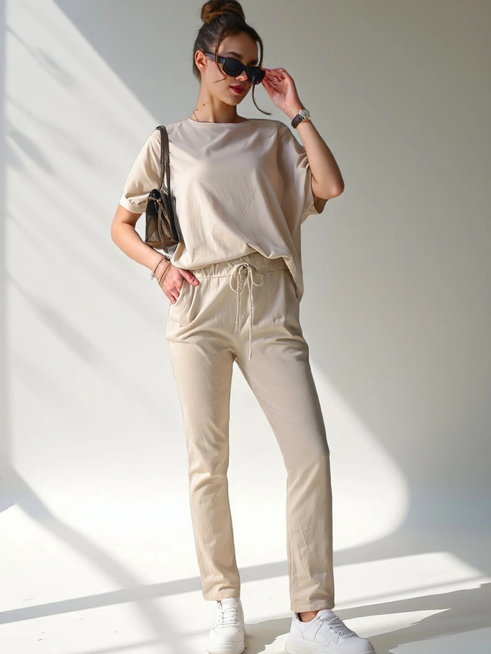 Royalfashion Женски памучен комплект с къс ръкав и прави панталони