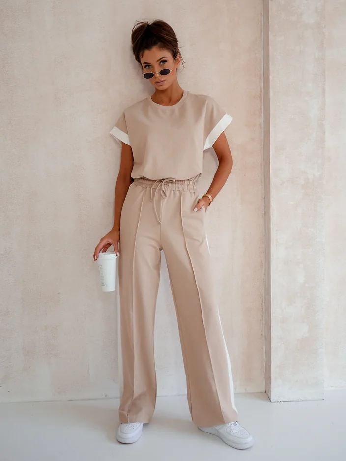 Royalfashion Дамски памучен комплект с къс ръкав и разширяващи се панталони