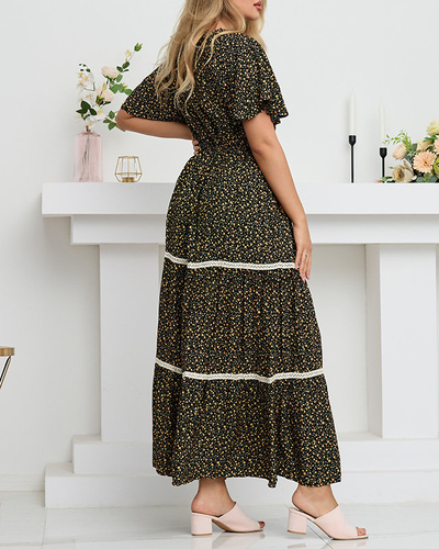 Czarna rozkloszowana damska sukienka maxi w kwiaty - Odzież
