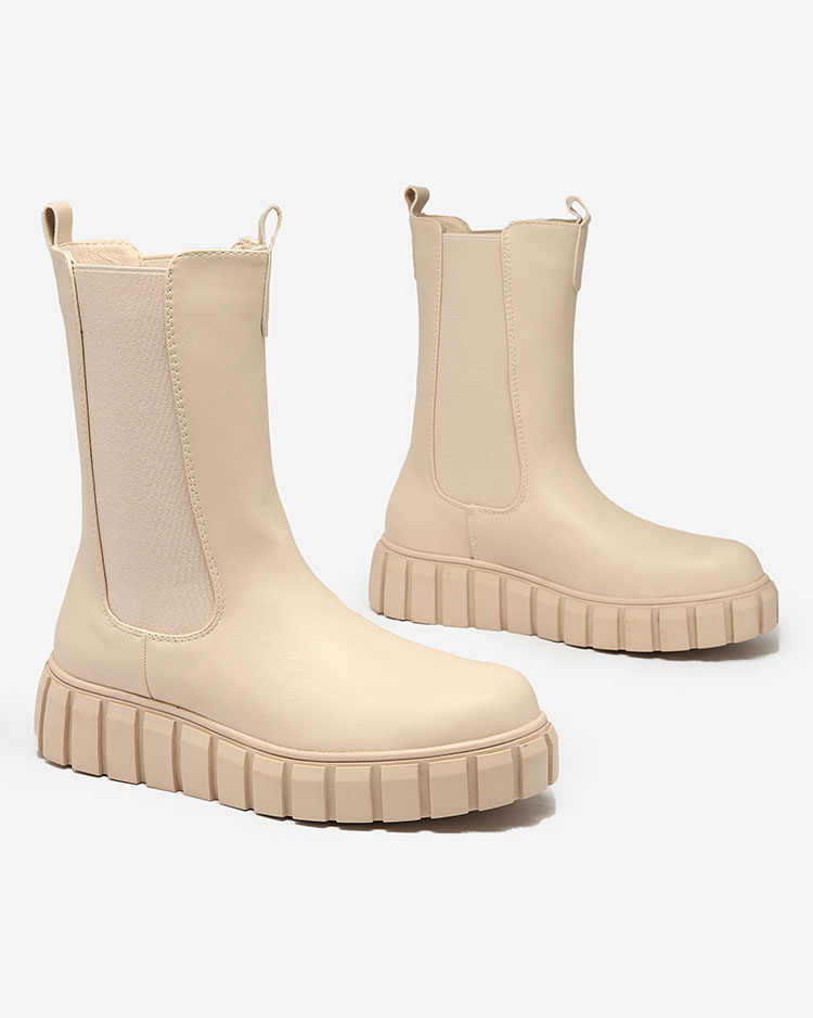 Royalfashion Дамски ботуши с висок плосък ток в екрю Elicane