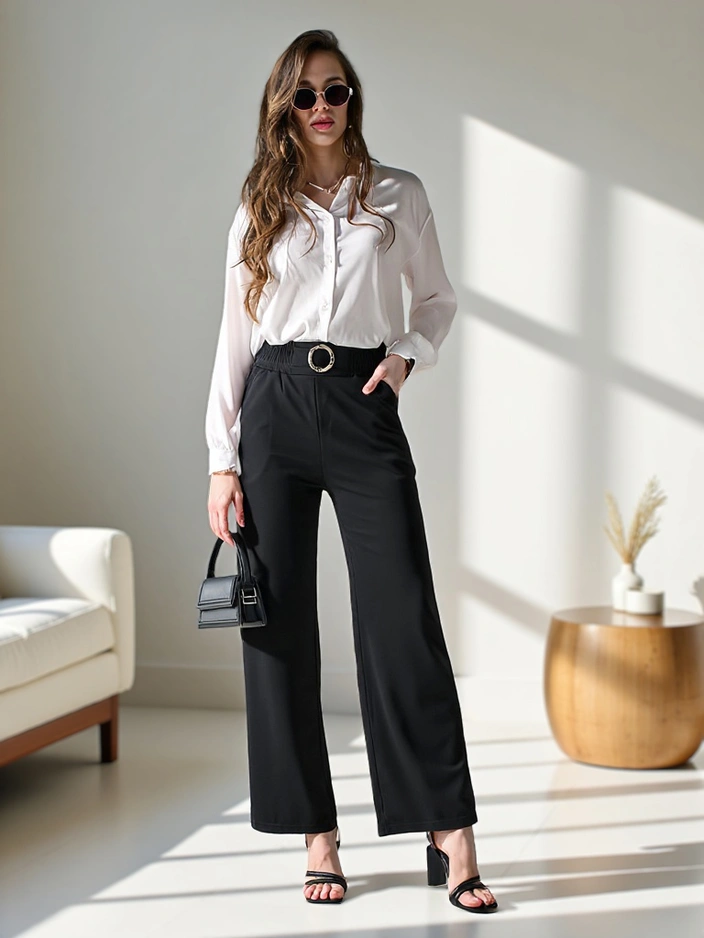 Royalfashion Широки дамски панталони с декоративна катарама