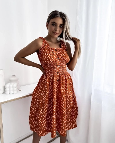 Дамска рокля с дължина до коляното и принт в оранжево- Облекло