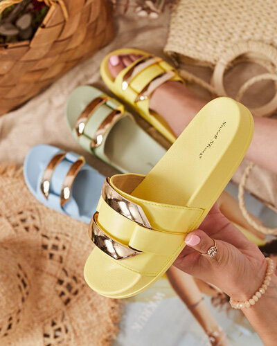 Żółte damskie klapki ze złotą ozdobą Serina - Obuwie