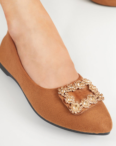 Brązowe damskie eko-zamszowe balerinki z ozdobą Linselisa - Obuwie