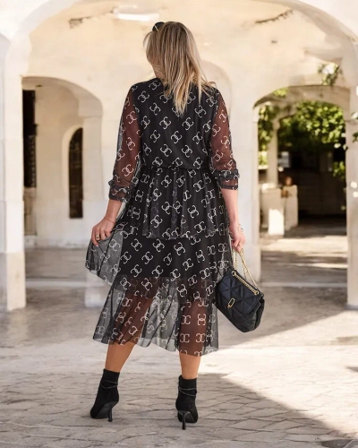 Royalfashion Черна мрежеста миди рокля с принт