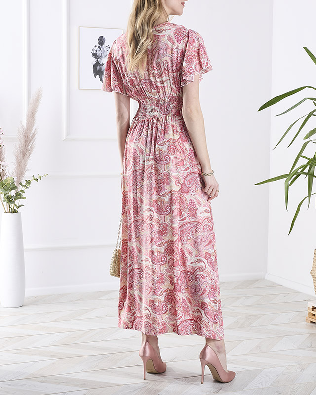 Розова дамска миди рокля с десен Облекло