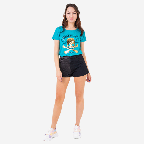 Niebieski damski t-shirt z cekinami i napisami - Odzież