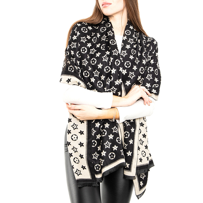 Beżowo-czarny wzorzysty szalik damski - Akcesoria