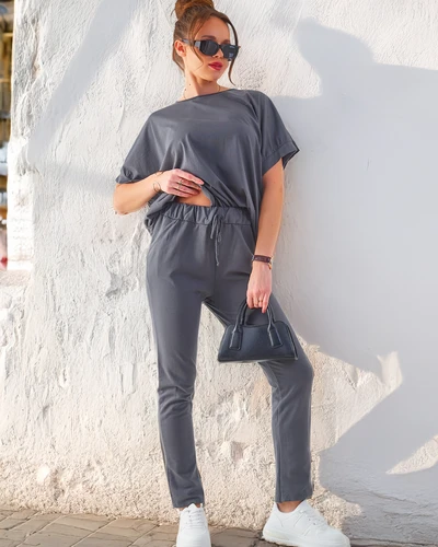 Royalfashion дамски комплект от памук с къси ръкави и прави панталони