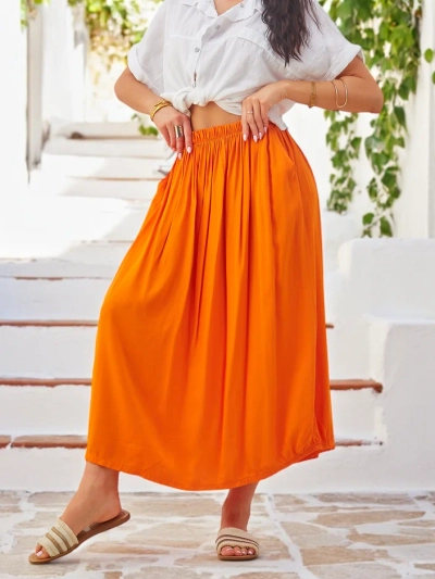 Royalfashion Дамска Вискозова Миди Пола Лято Лека с Две Джобове