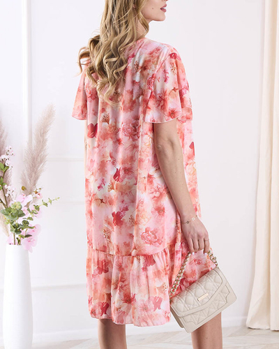 Дамска рокля до коляното с принт и къдрички в оранжево- Облекло