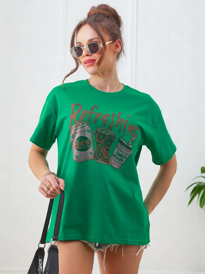 Royalfashion Женска памучна тениска с печат от камъни