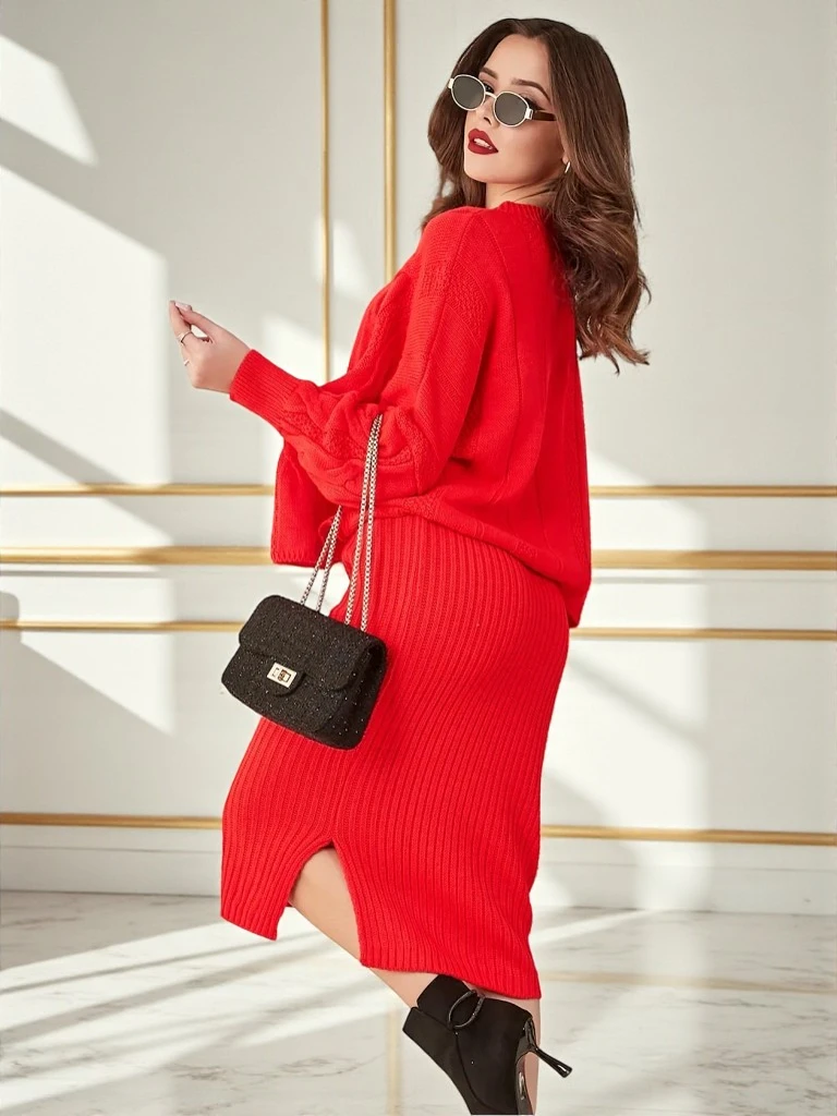 Royalfashion Акрилно плетено женско комплект с пуловер и пола Warm&Fuzzy