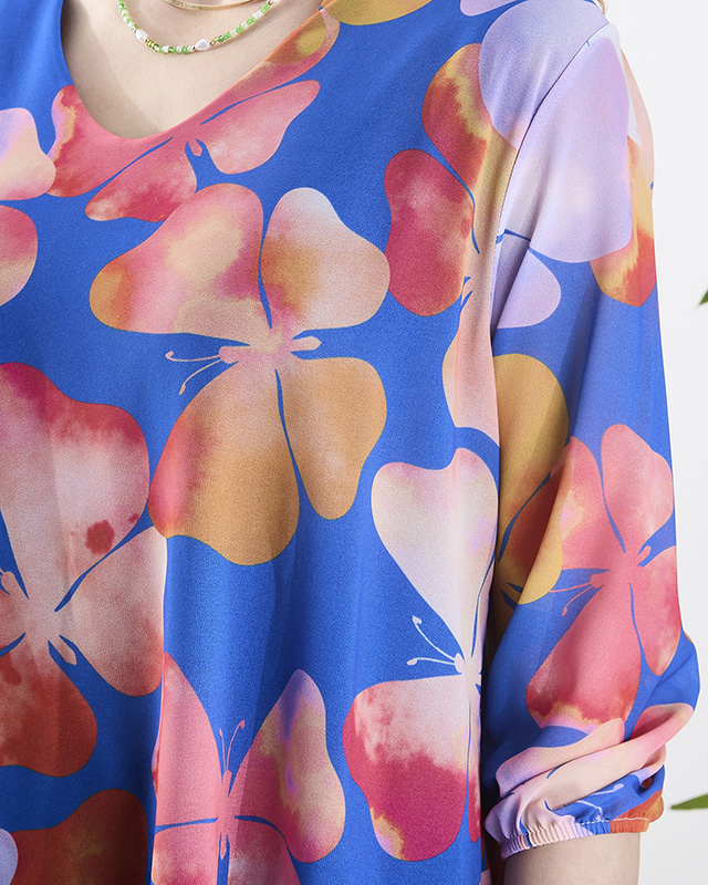 Морско синя дамска рокля до коляното с щампа и волан - Облекло