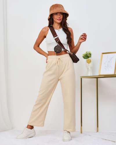 Royalfashion Затоплен дамски панталон от велур в кремав цвят