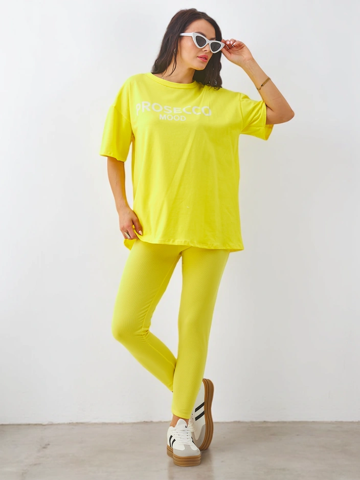 Royalfashion Памучен комплект за жени с къси ръкави и легинси