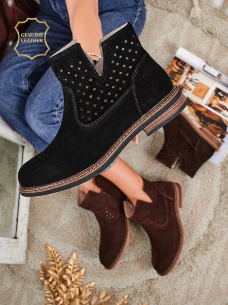 Велурени ажурни дамски боти Aurelia Nero с плосък ток 3 см