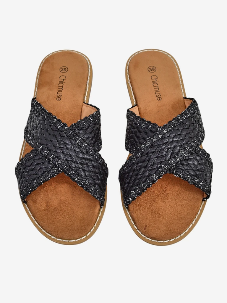 Дамски сандали Calista Nero плоски, черна плетка, екологична кожа