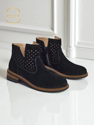 Велурени ажурни дамски боти Aurelia Nero с плосък ток 3 см