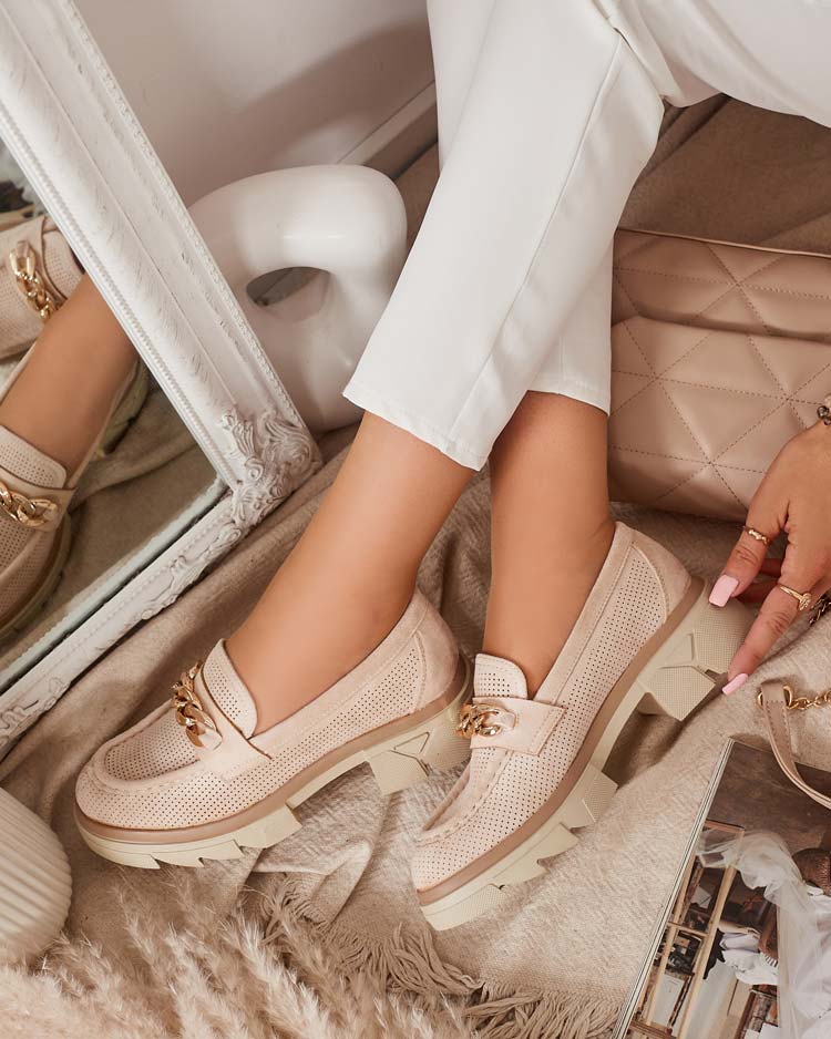 Мокасини от еко велур със златна декорация в бежово Zaffix- Footwear