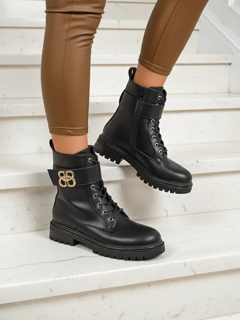 Кожени боти Artemisia Nero със заоблен връх, цип и златна катарама