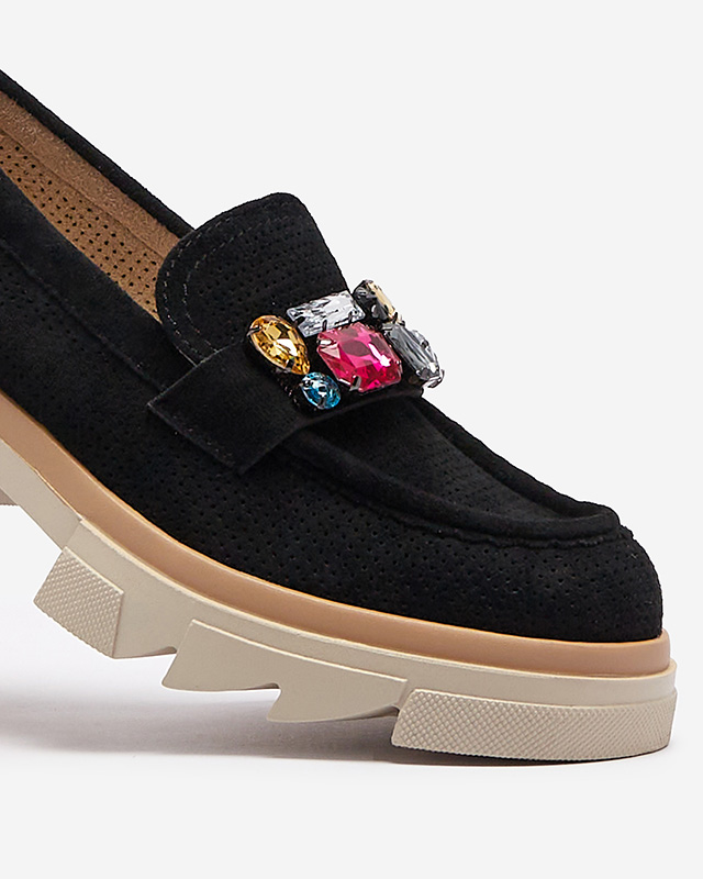 Черни ажурни дамски мокасини с декорация Bokkso - Обувки