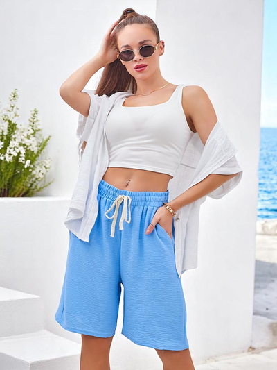 Royalfashion Къси дамски шорти с еластична талия и връзки до коляното