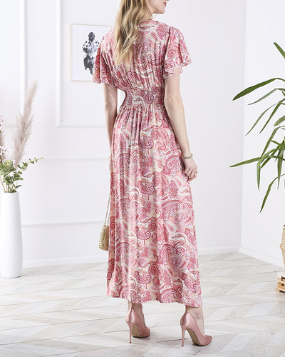 Розова дамска миди рокля с десен Облекло