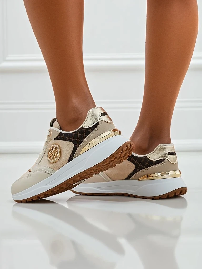 Дамски сникърси бежови Calista Verona на плосък ток - еко кожа 4 см