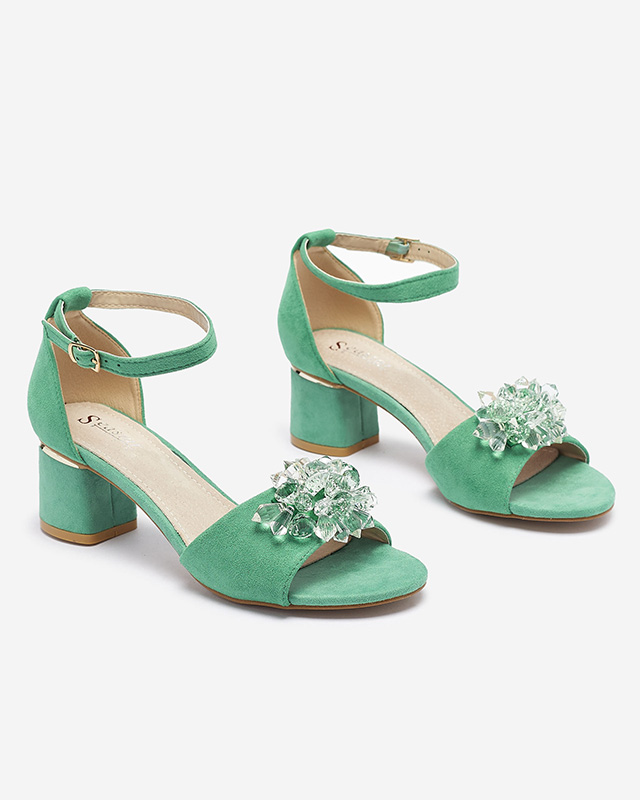 Зелени дамски сандали на ток с декоративни кристали Cerosso- Footwear