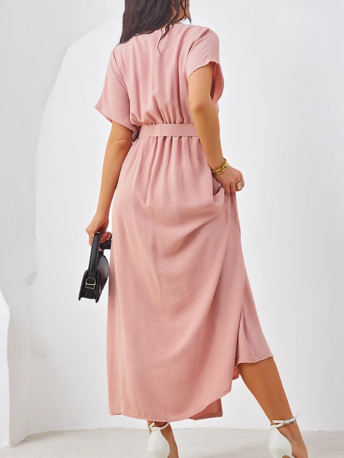 Рокля до midi за жени с къс ръкав, V-образно деколте и разрез в средата