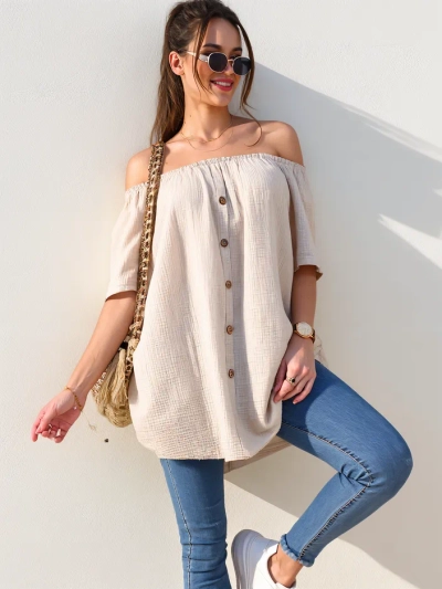 Рокля Royalfashion дамска памучна блуза в испански стил с декоративни копчета