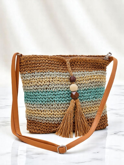 Royalfashion Малка сламена дамска чанта с райета, декоративен висулка Мини