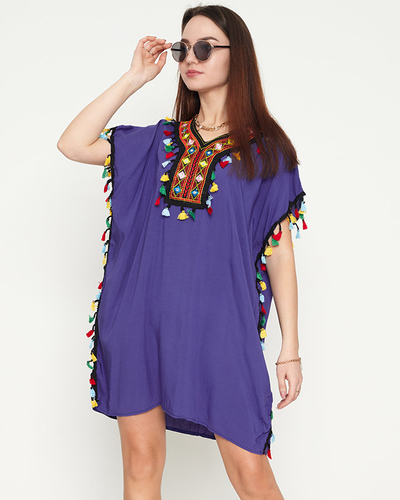 Fioletowa damska letnia tunika plażowa z frędzelkami - Odzież
