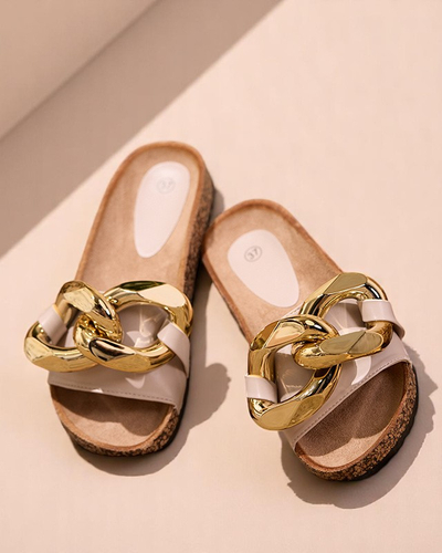 Beżowe klapki damskie z ozdobą Sofig- Obuwie