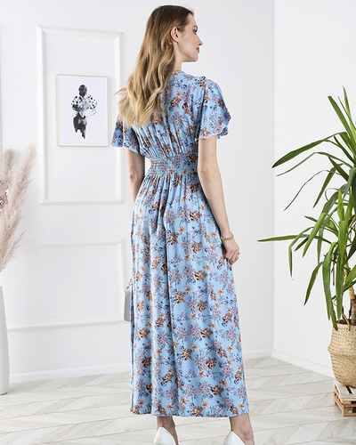 Синя дамска дълга рокля на цветя - Облекло