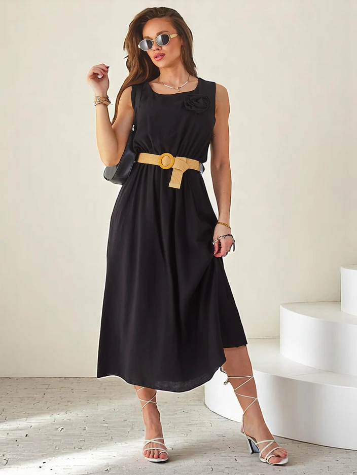 Рокля миди с презрамки на Royalfashion за жени, с кръгло деколте и декоративно цвете