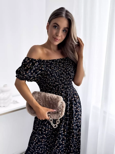 Флорална черна дамска миди рокля - Облекло