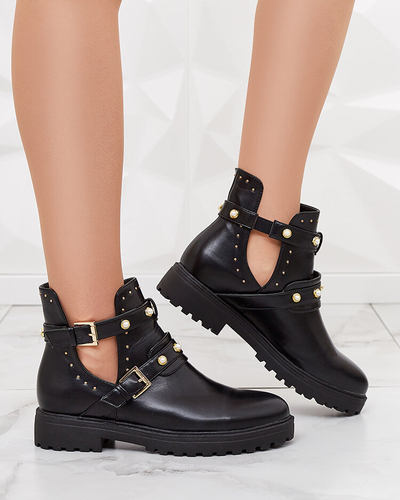 Royalfashion Черни дамски ботуши с украса и плосък ток Pearl Elegance