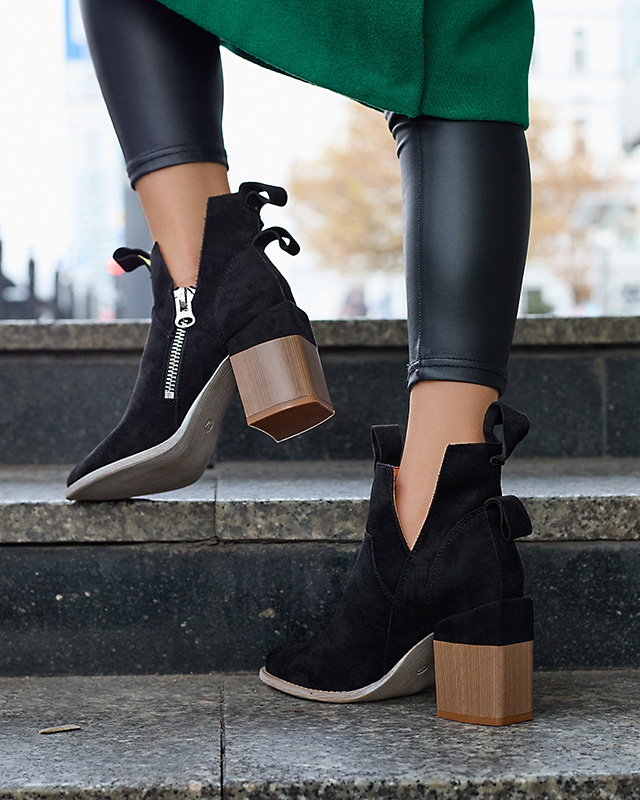 Czarne damskie botki na kwadratowym słupku Darera - Obuwie