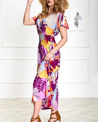 Лилава дамска дълга рокля с флорален принт - Облекло