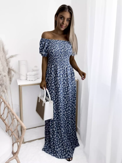Синя дамска макси рокля с флорален десен - Облекло