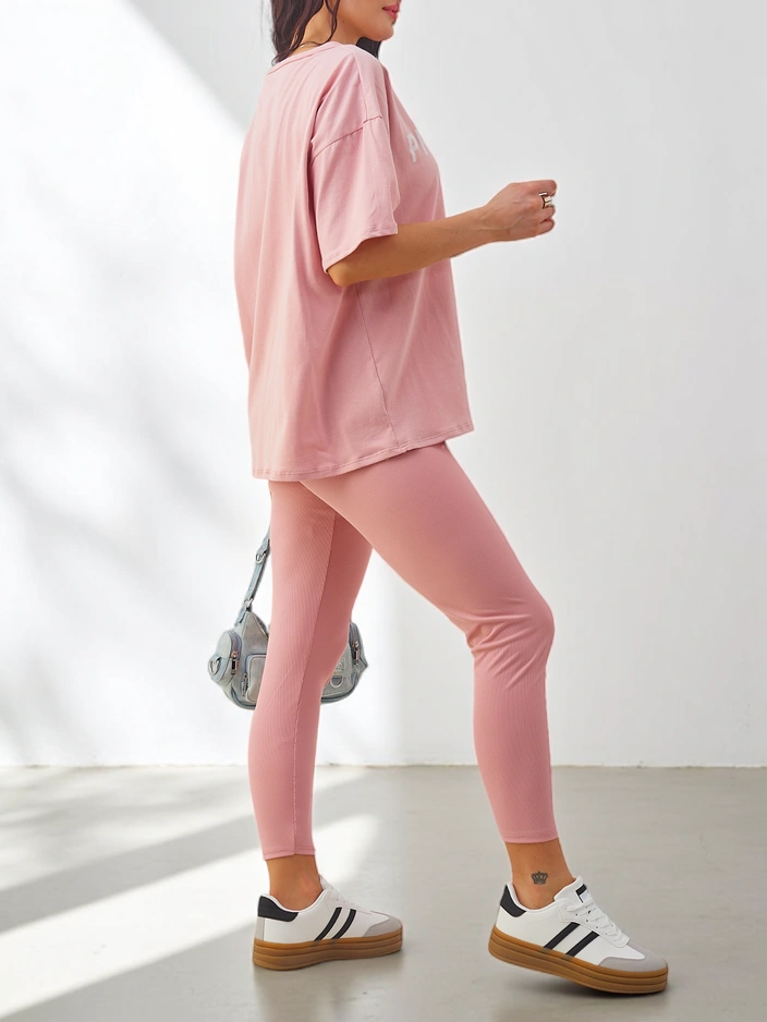 Royalfashion Дамски памучен комплект с къс ръкав и легинси