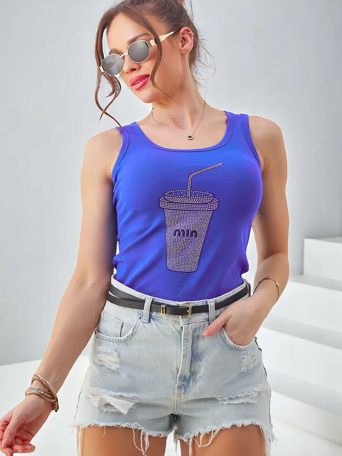 Royalfashion Памучен дамски потник с чашки от стрази