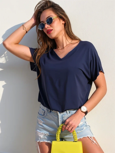 Блуза от вискоза за жени с къс ръкав и блестящо покритие