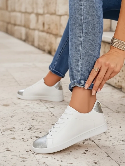 Дамски маратонки Royalfashion Calista сребристо-бели стилни еко кожа