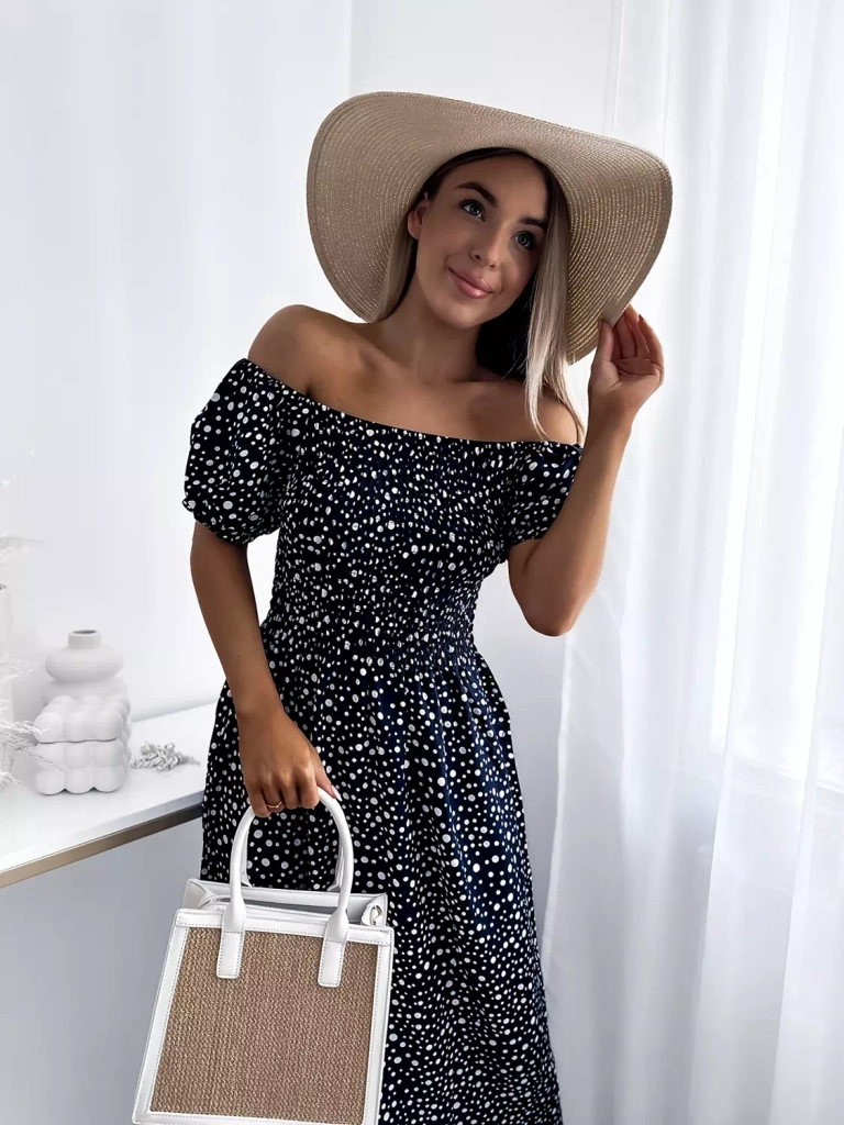 Морско синя дамска макси рокля с грах- Облекло